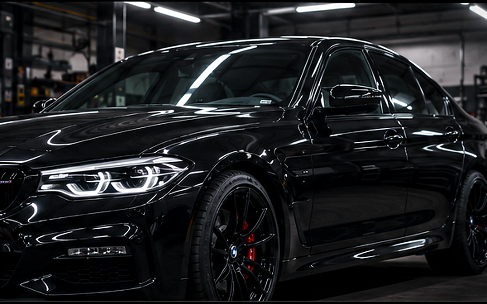 Belle voiture noire dans un atelier automobile