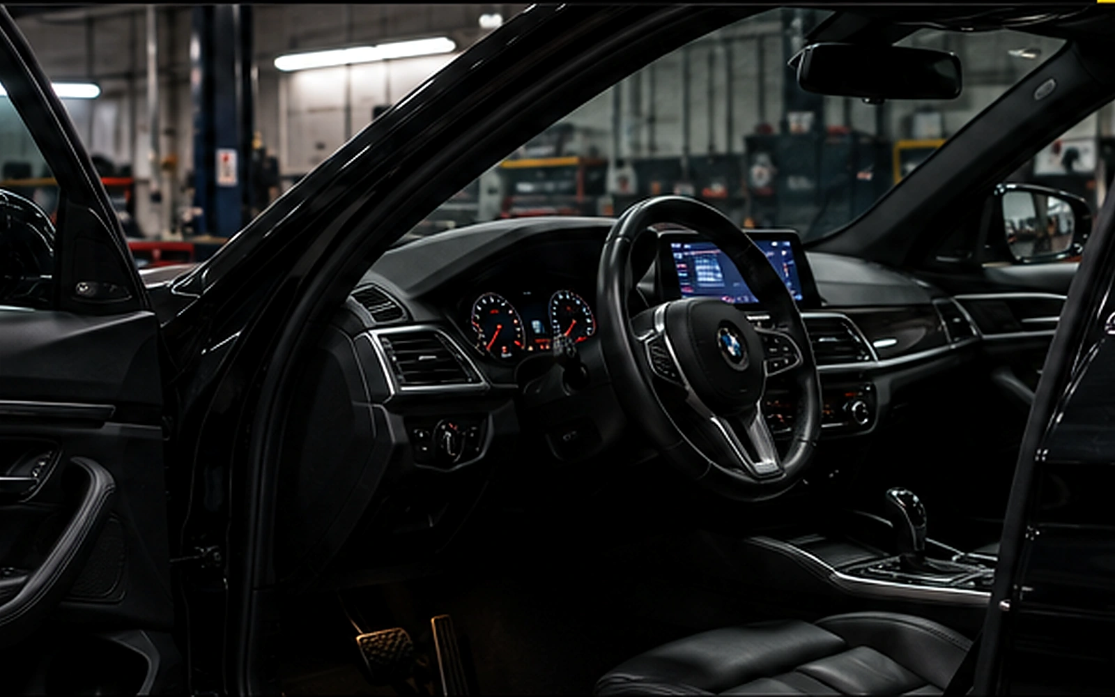 Voiture noire avec porte conducteur ouverte