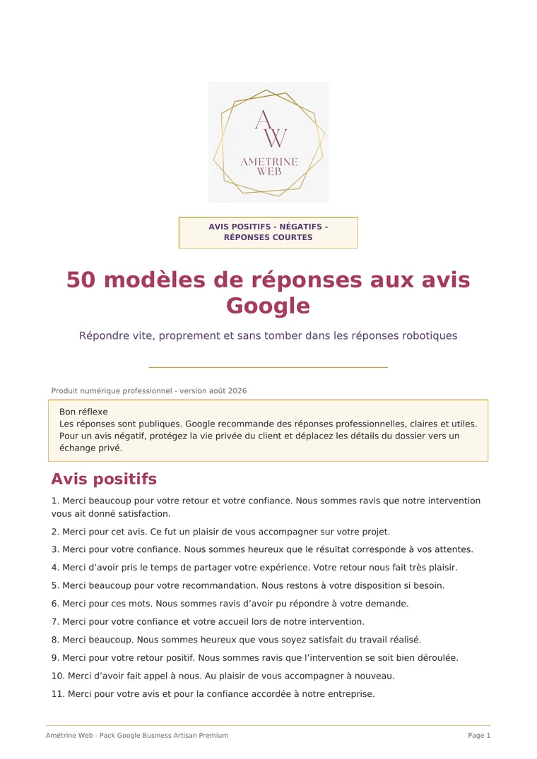 Aperçu des modèles de réponses aux avis Google