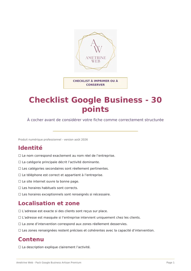 Aperçu de la checklist Google Business 30 points